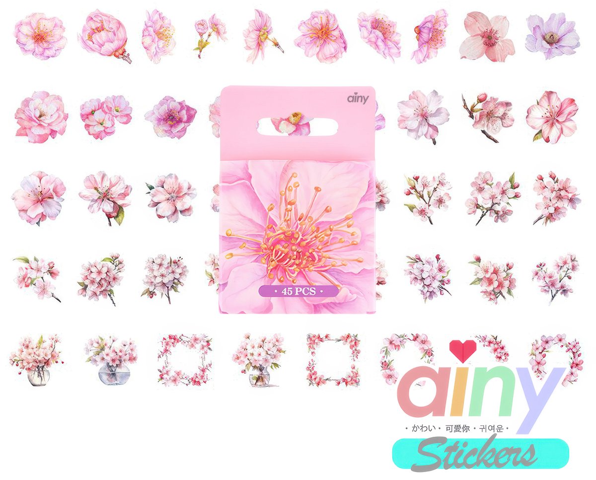 Ainy Sakura Bos Bloemen PET Stickers 45 stuks | Luxe & Elegant | Geschikt voor bullet journal, fotoalbum, wenskaarten, laptop, telefoon, waterfles, muursticker, geschenksticker, skateboard of graffiti sticker | Kinderen & Volwassen